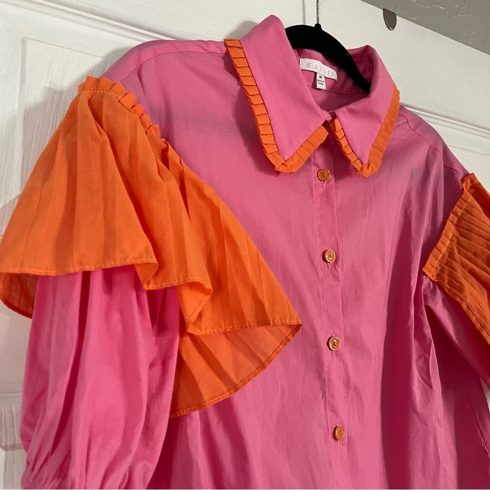 Karlie Pink and Orange Puff Sleeve Button-Up Top - Picture 3 of 7